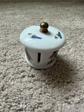Porcelain US Postal Stamp holder with Blue Bird Motif and Brass Knob